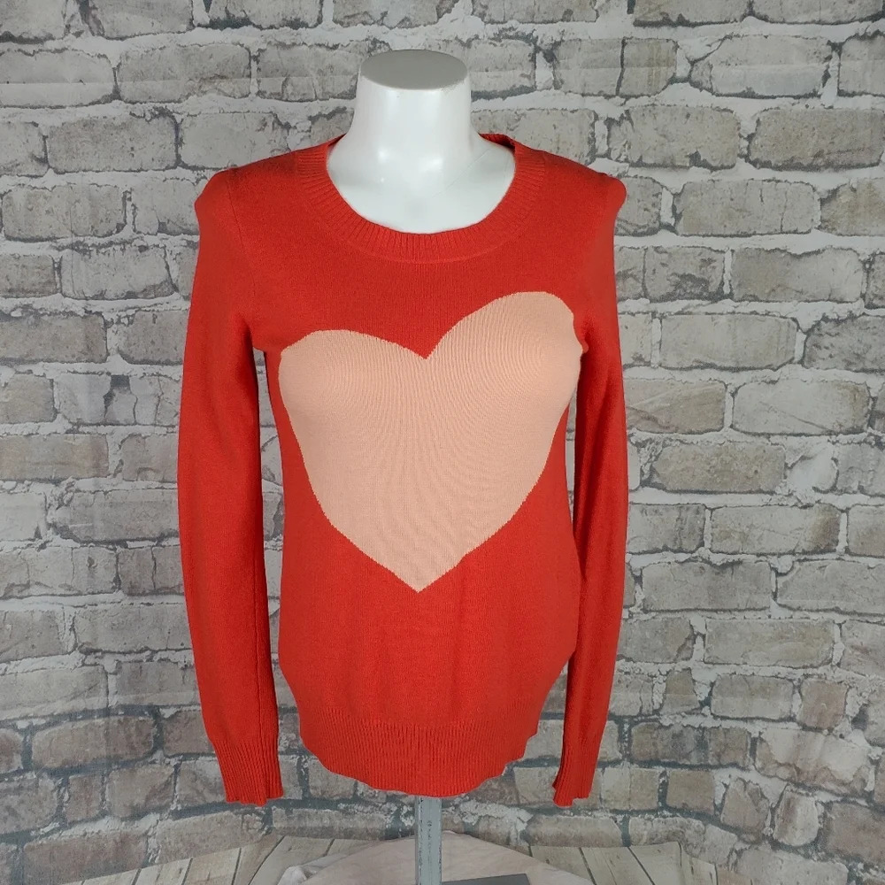 J. Crew Factory Merino Wool Alpaca Crew Neck Heart Pullover Sweater Orange XS